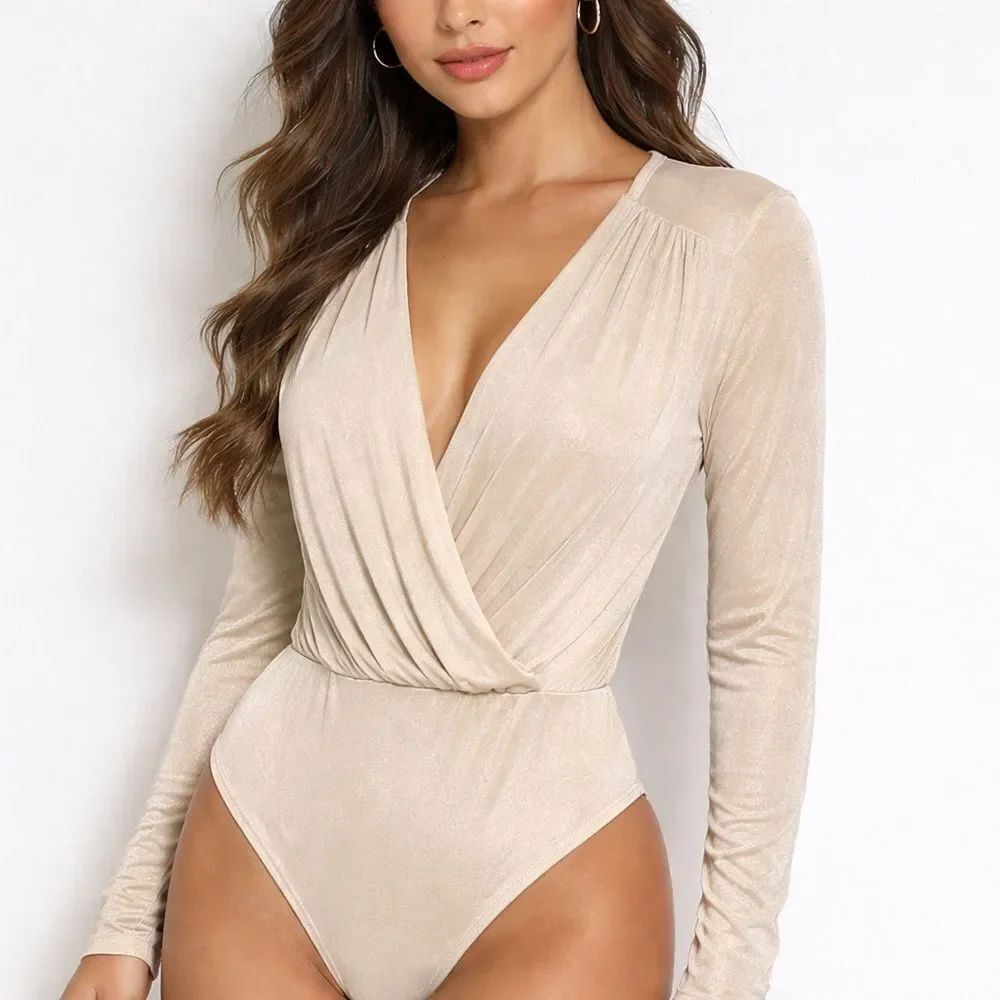 Revolve Wisteria Lane Slinky Cream Long Sleeve Surplice Bodysuit Top